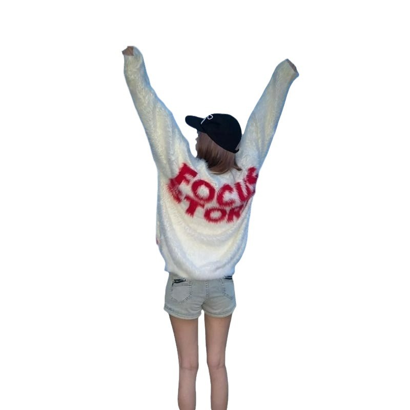 Men's Clothing national tide letter mink lazy style couple wool sweater men and women loose casual autumn and winter knitted sweater jacket_voghion.com