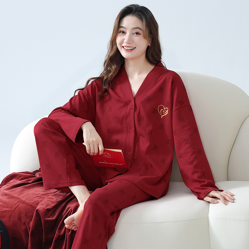 빨간 잠옷 여자 플러스 사이즈 결혼식 신혼 봄과 가을 느슨한 세트 겨울 가족 년 축제 사랑 홈 옷