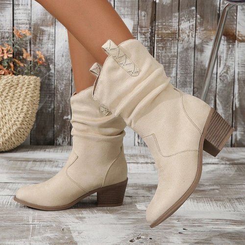 Women's Mid-Calf Fashion Boots in European and American Style, Plus Size, Retro Style, Thick Heel, Pleated Slip-On, V-Mouth, Western Style