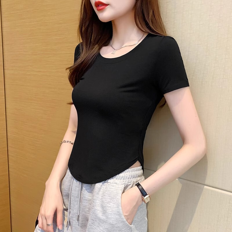 Black Modal Ice Silk Short-sleeved T-shirt Women's Summer All-match Curved Hem Slim-fit Tight Waist Irregular Short Top
