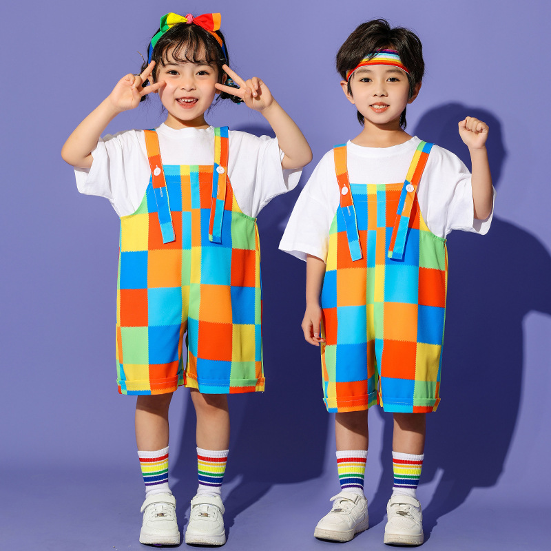 六一兒童啦啦隊演出服格子背帶褲夏季合唱服小學生運動會表演服裝
