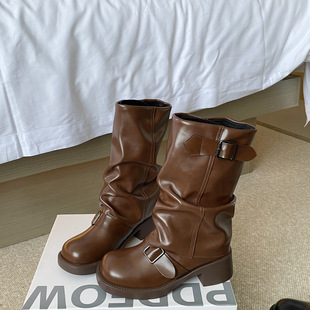 Vintage Brown American Western Cowboy Boots for Women 2024 New Autumn Petite Slimming Chunky Heel Slouch Short Boots