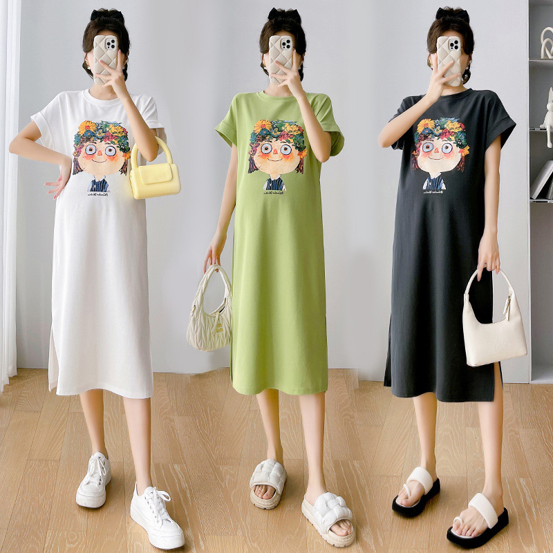 2024 summer new round neck Korean fashion loose cotton cartoon mid-length dress