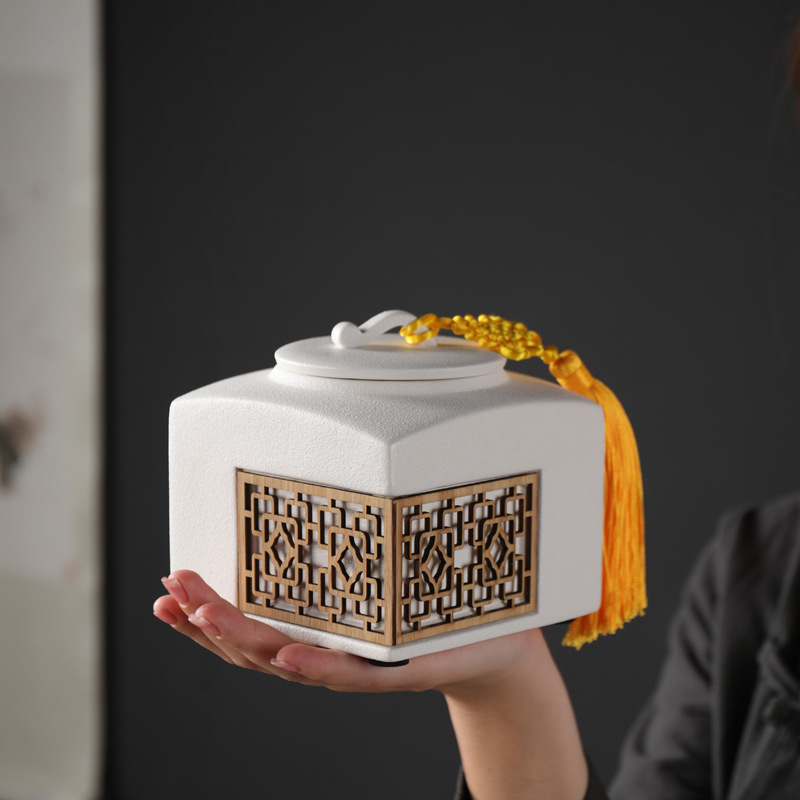 VHM7批發大號家用茶葉罐陶瓷 普洱茶密封罐儲物罐 鏤空中式茶罐茶