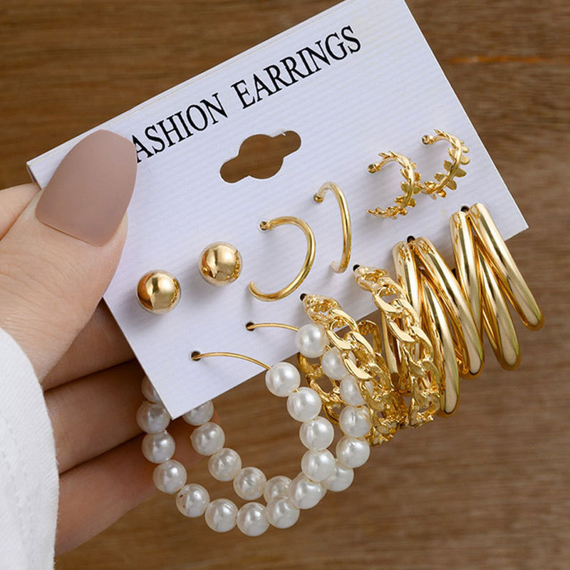 欧美跨境新款珍珠女士耳环 复古金色耳圈套装6件套Earrings Set 欧美跨境新款珍珠女士耳环 复古金色耳圈套装6件套Earrings Set