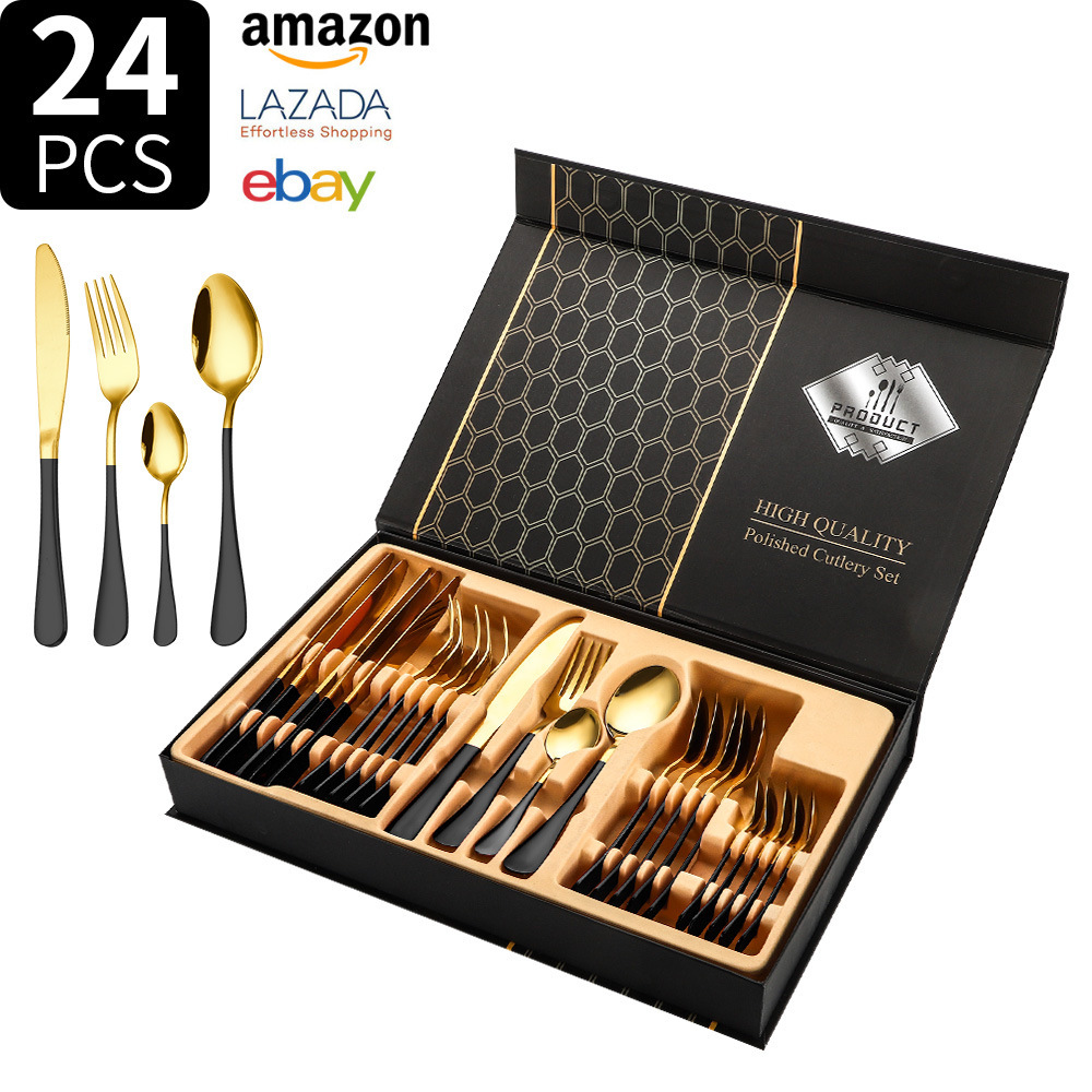 Fuente transfronteriza Amazon 1010 cubiertos de acero inoxidable cuchillo de comida occidental tenedor cuchara 24 piezas caja de regalo cuchara hotel