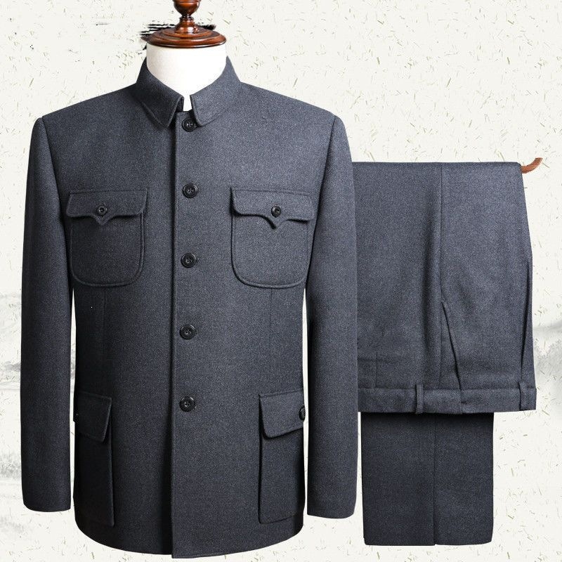 中山装男中老年套装中山服老年人外套老人衣服中山装中老年爸爸装