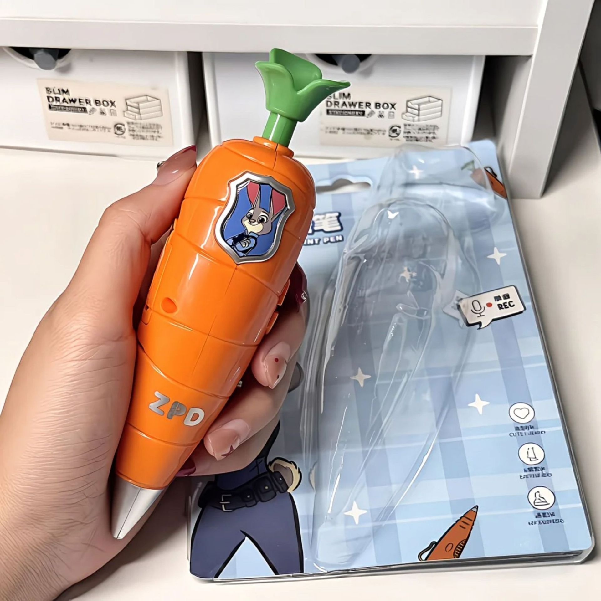 Zootopia con lápiz de grabación de zanahoria de dibujos animados, grabador de sonido compacto de dibujos animados, lápiz de bolas, papelería