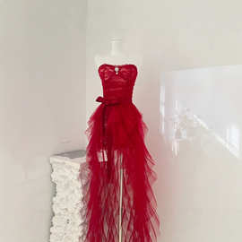 长款圣诞复古蕾丝连衣裙+半裙套装