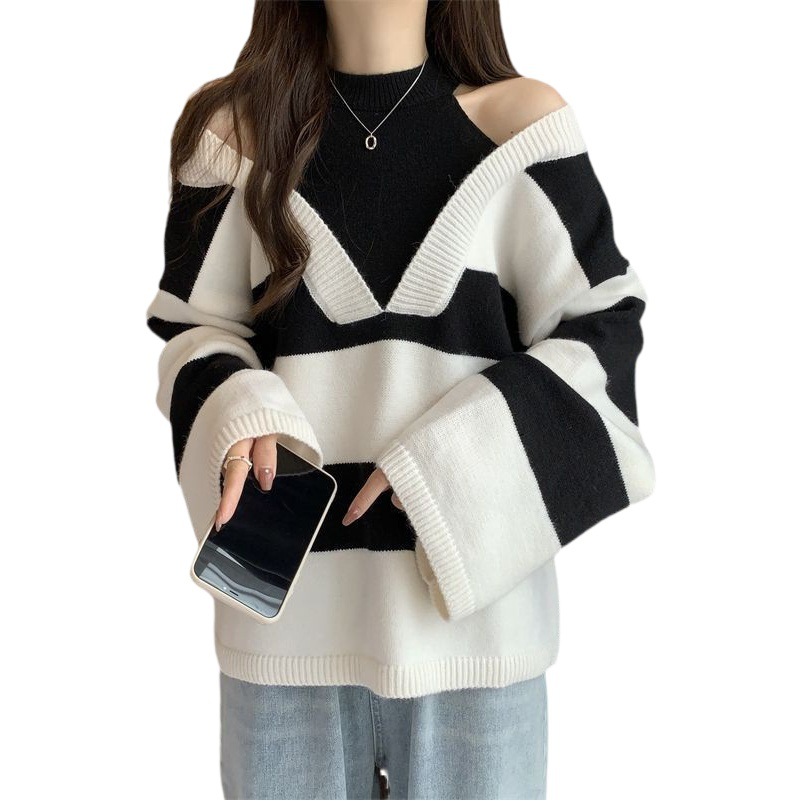 Plus size lazy style striped off-the-shoulder halter sweater women's autumn chubby girl loose slimming hot girl bottoming shirt top