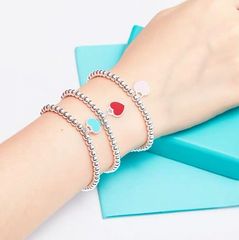 T家エナメルハート型ブレスレット、銀銅合金18金メッキ、ティ家ダブルハートブレスレット、小さな赤いハート、ピンクのハートビーズ