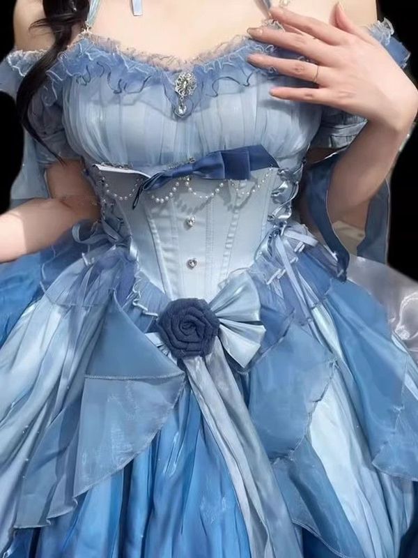 洛丽塔重工拖尾蓬蓬前短后长在逃公主裙蓝色花嫁礼服lolita连衣裙|undefined