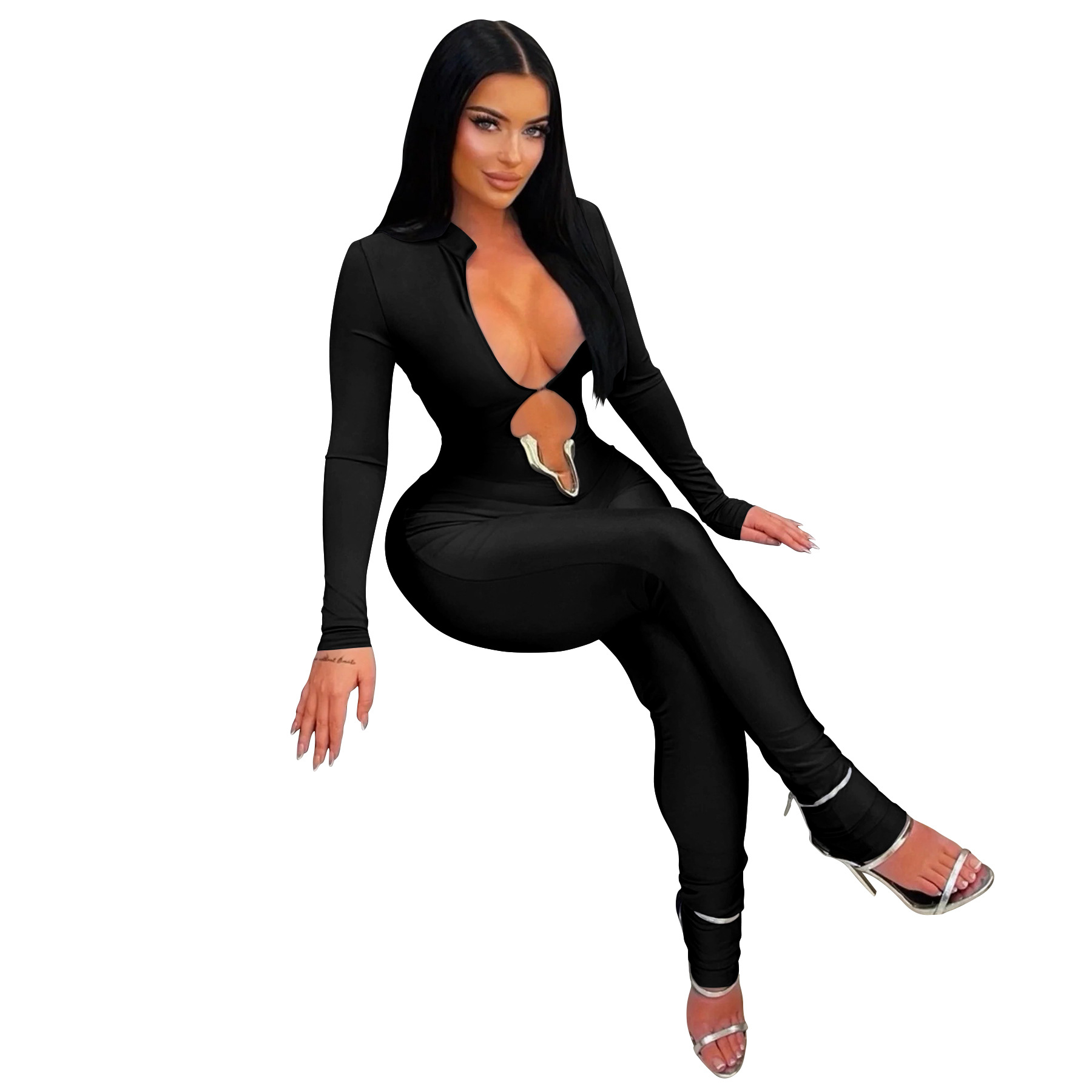 Sexy Deep V Long Sleeve Jumpsuit Solid Color Tight Fit_voghion.com
