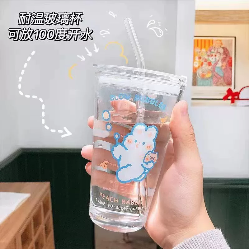 Стакан для воды с Cartoon Glass, силиконовая трубочка, 401–500 мл милая летняя кружка