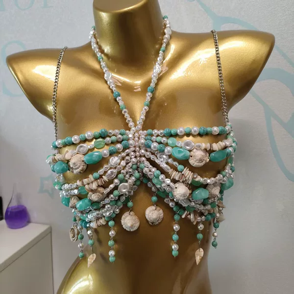 Xlhl111 European and American Style Handmade Beaded Pearl Shell Chest Chain for Women, Summer Beach Sexy Body Chain, Strapless Outfit