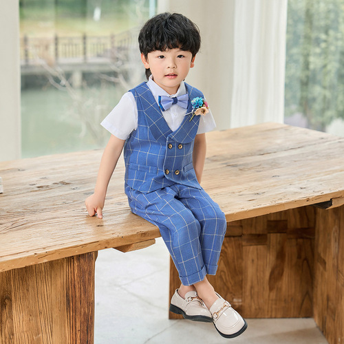 Children's suit spring and summer new Korean version plaid vest two-piece set boy baby performance suit flower girl wedding dress