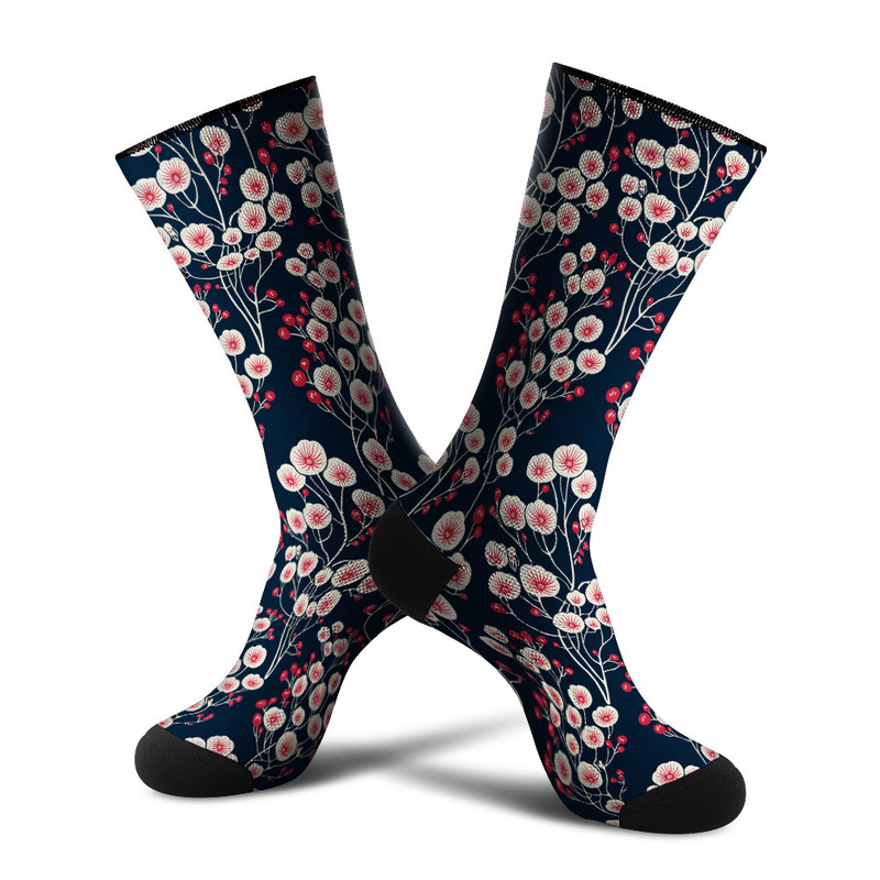 360 Seamless Digital Printing 3D Digital Printing Trendy Socks Japanese Style Dark Blue Red and White Floral Stockings 360 Seamless Digital Printing 3D Digital Printing Trendy Socks Japanese Style Dark Blue Red and White Floral Stockings