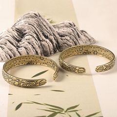 俄羅斯工藝品仿古銅器收藏古黃銅實心手鐲子復古做舊佛經蓮花手環