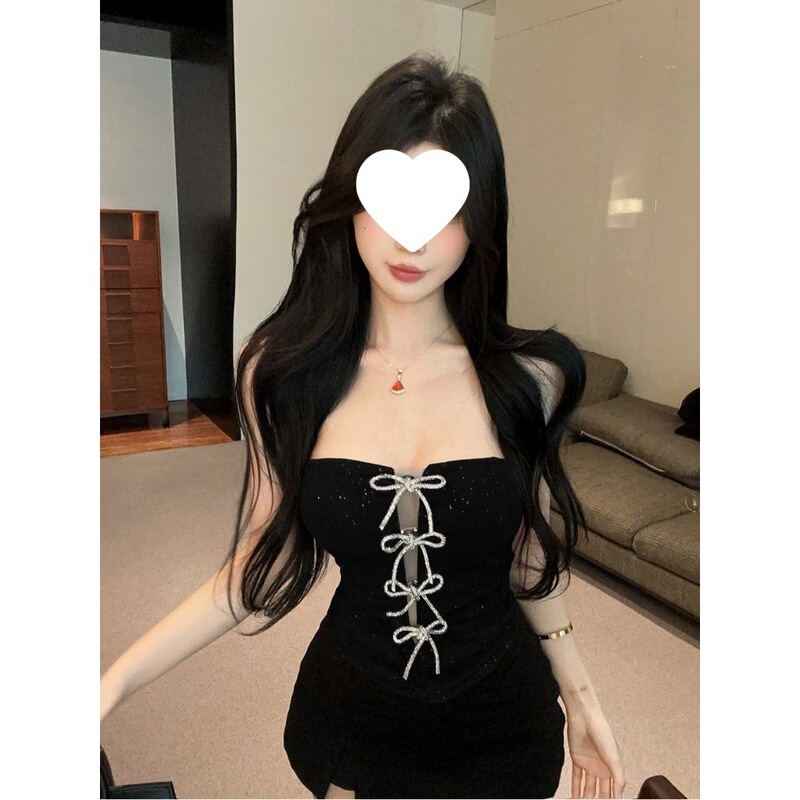 Purely Sexy Hot Girl Rhinestone Bowknot Strapless Backless Christmas Red Short Tank Top Sexy Base Layer Inner Top for Women