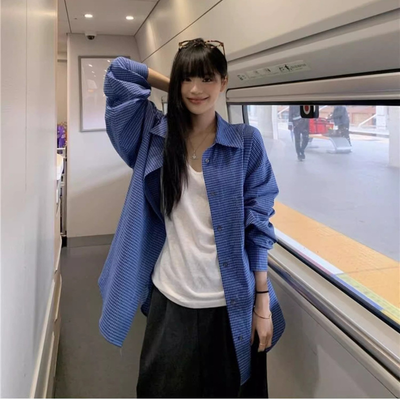 Loose Silhouette Blue Plaid Long-Sleeved Shirt Jacket for Men and Women Spring and Summer Design Sun Protection High-End Plaid Shirt Loose Silhouette Blue Plaid Long-Sleeved Shirt Jacket for Men and Women Spring and Summer Design Sun Protection High-End Plaid Shirt