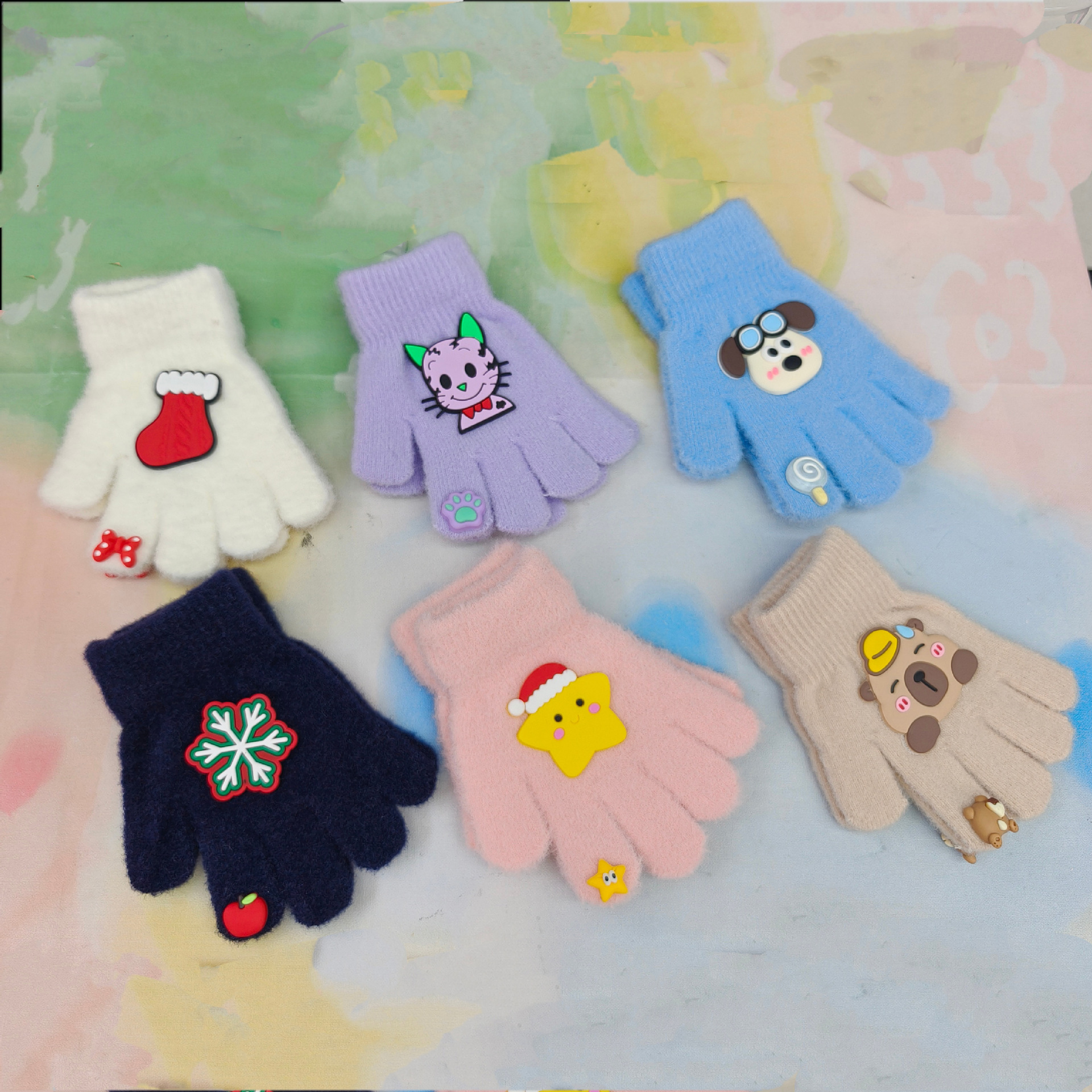 卡通儿童写字针织手套冬季保暖加绒加厚五指手套宝宝防寒分指手套