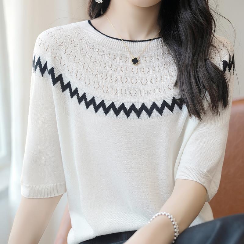 Summer New Wool Mulberry Silk Knitted Short-sleeved Women's Thin Line Dress T-shirt Hollow Contrast Color Mid-sleeved Fashion