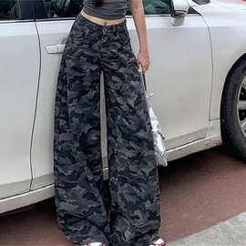 美式辣妹迷彩工装裤女夏季薄款2025新款小个子宽松直筒阔腿牛仔裤