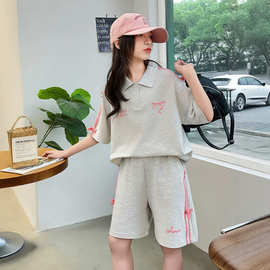 夏季童装女童套装中大童短袖polo领蝴蝶结上衣五分裤运动服两件套