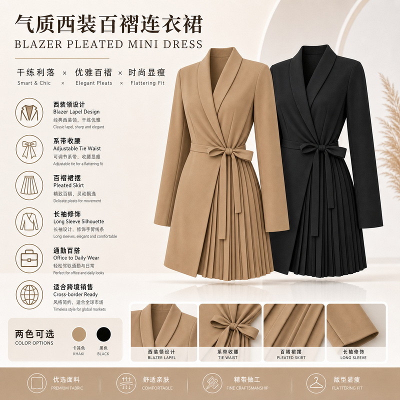 European and American Wish Independent Station Amazon Autumn and Winter New Pure Color Lace-Up Pleated Suit Jacket Dress European and American Wish Independent Station Amazon Autumn and Winter New Pure Color Lace-Up Pleated Suit Jacket Dress