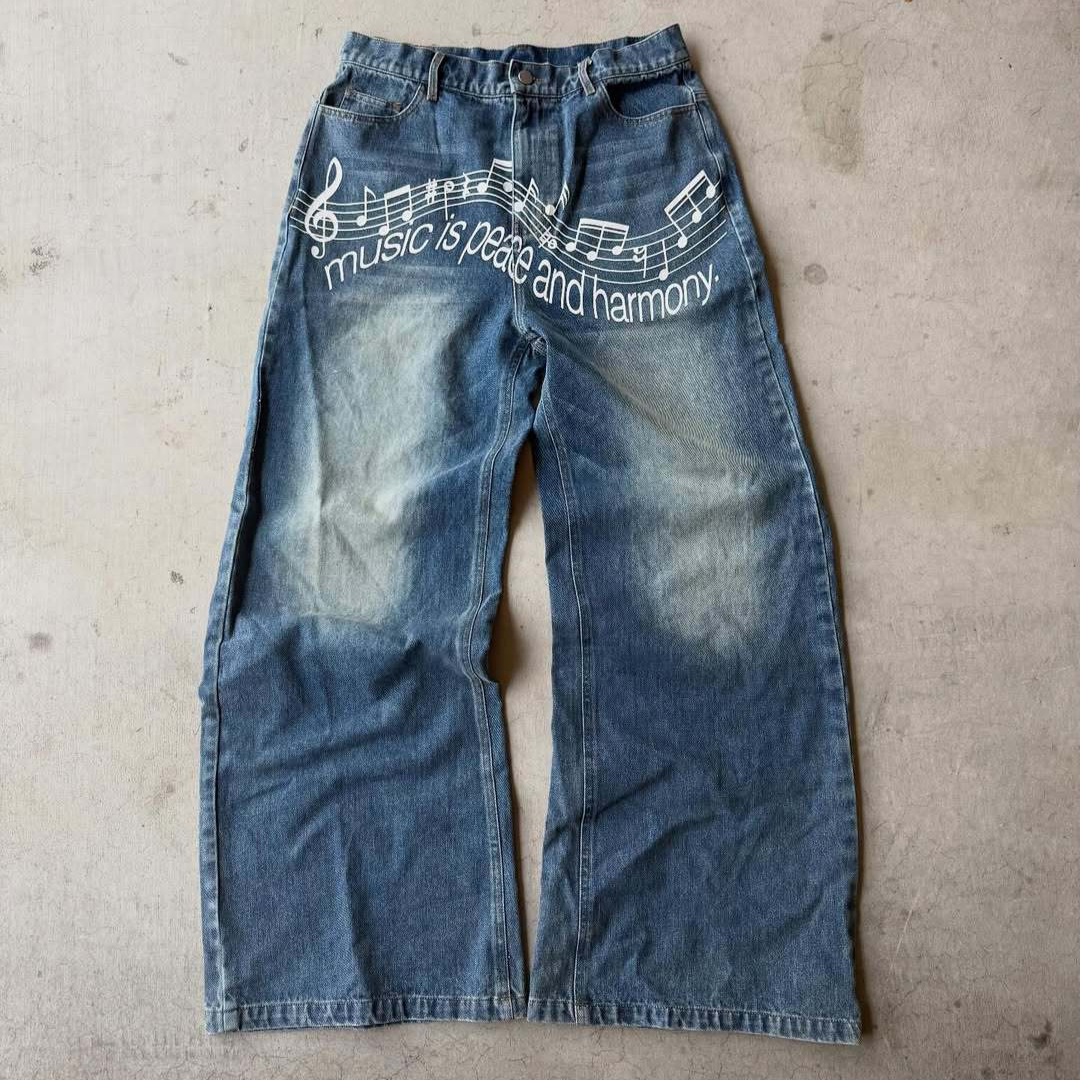 Cross-border American Retro Letter Print For Women, Washed Loose Straight-leg Jeans, Baggy Jeans_ecoleips.com