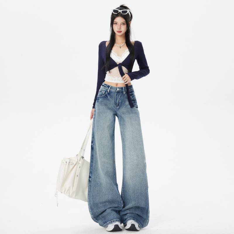 Wholesale available! Stylish, layered, and meticulously crafted washed denim jeans with a long, loose, straight-leg, and slightly flared design