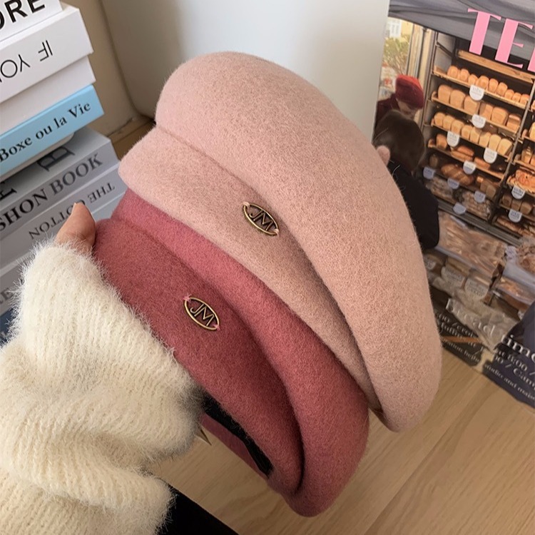 White Raspberry Pink Australian Wool Beret Autumn/winter Korean Big Head Surrounding Face Small Temperament Painter Hat Girl_voghion.com