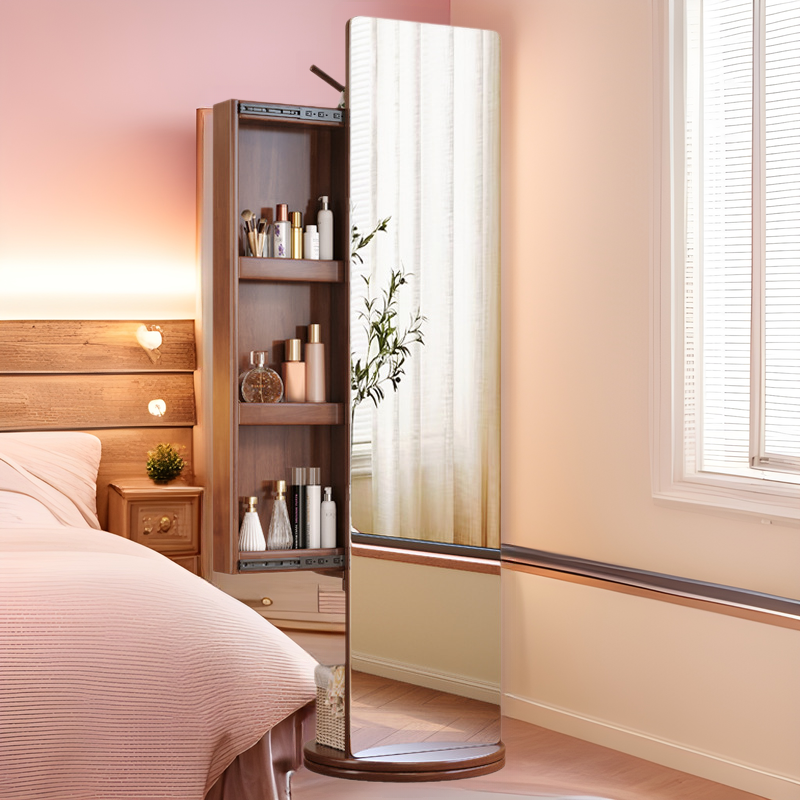 Solid Wood Dressing Mirror Full Body Floor Mirror Household Bedroom Rotatable Mirror Hanger Cosmetic Cabinet Integrated Storage Mirror