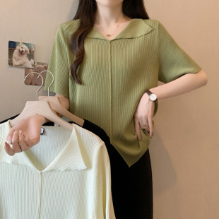 2025 Summer New Plus-Size Design Short-Sleeve Pullover Top, Thin Regular Shoulder Slimming Ice Silk Knitwear