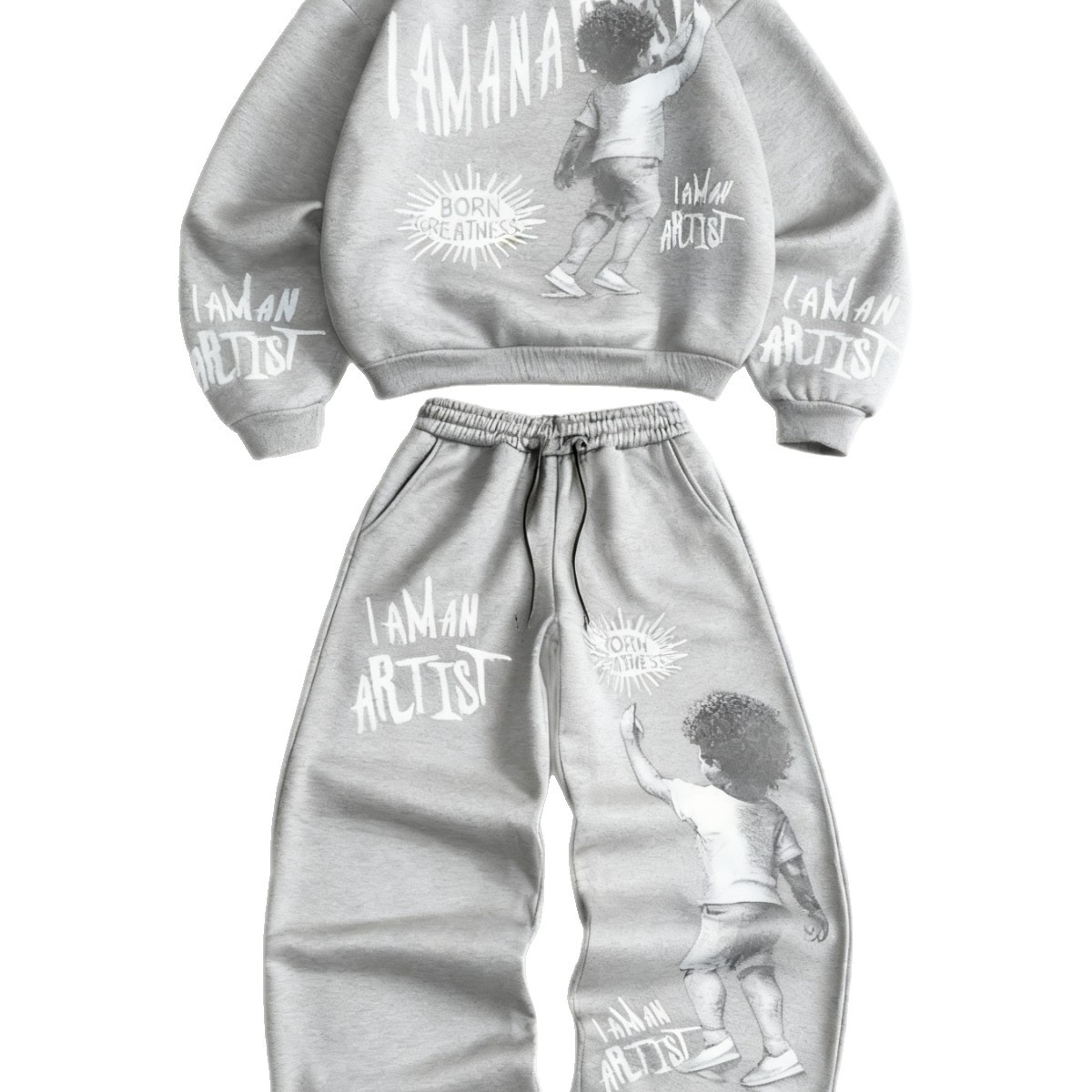 Bedruckter Herren-Trainingsanzug „I AM an ARTIST“: Stylischer Rundhals-Hoodie und Jogginghose – bequemes Zweiteiler-Outfit für Freizeit und Streetwear._voghion.com