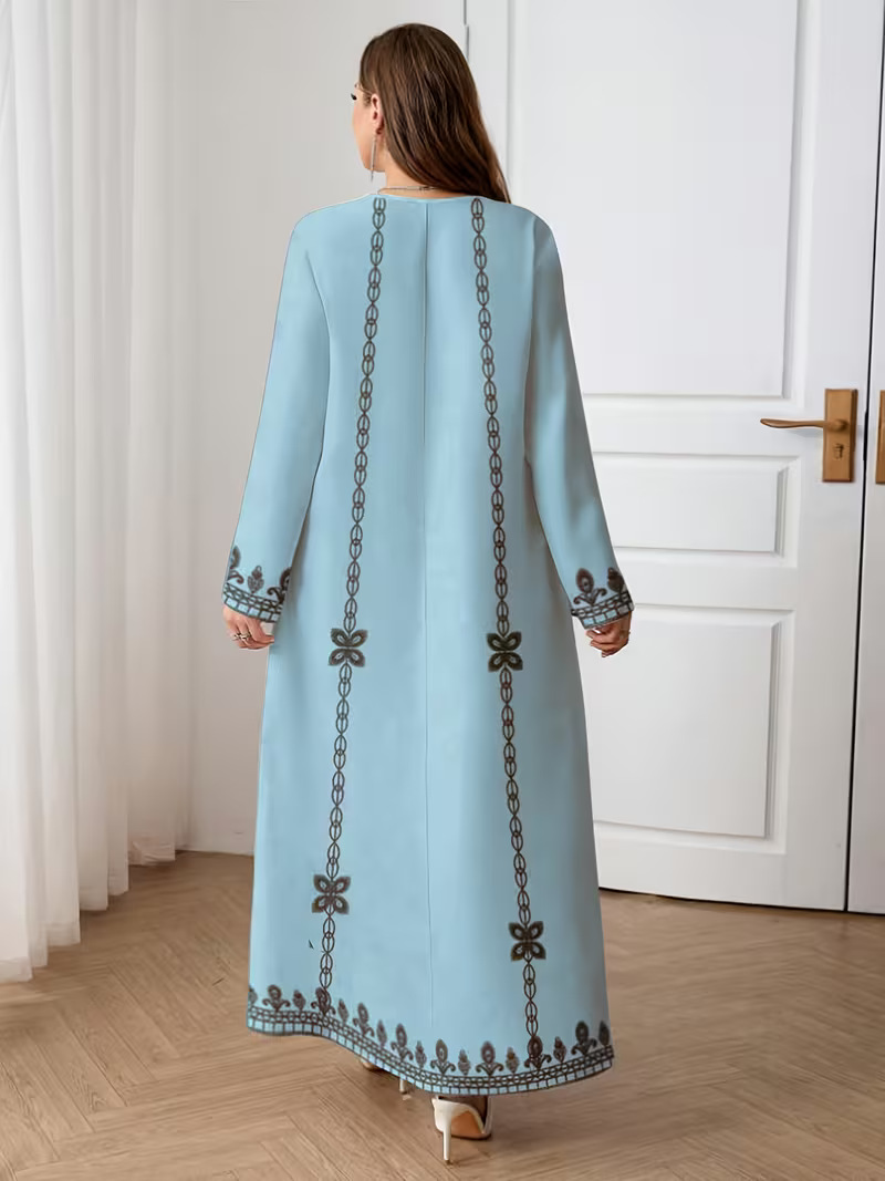 Middle Eastern Cross-border Muslim Women's V-neck Printed Loose Elegant Robe Ethnic Style Long-sleeved Dress Custom-made_ecoleips.com