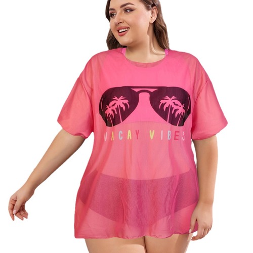 European and American Swimwear Custom Printed Sheer Mesh Transparent Tank Top and Bikini Set for Plus Size