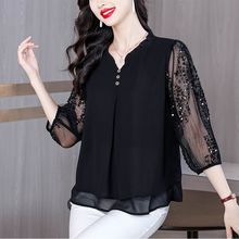 夏季新款衬衫女气质时尚妈妈洋气小衫韩版七分袖雪纺上衣