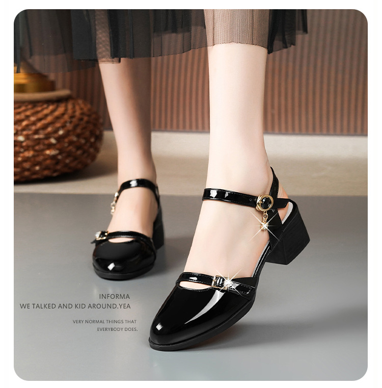 Sandal bít mũi nữ gót thô đi làm đế mềm da thật — Màu đen chi tiết 9