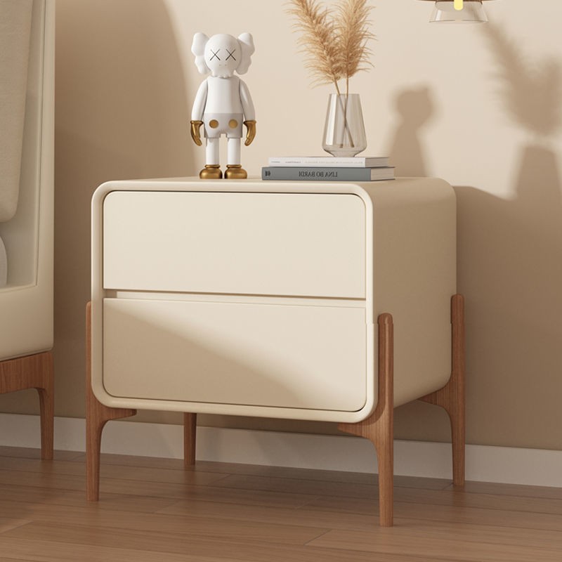 Light Luxury Bedside Table Small Solid Wood Simple Modern Minimalist Style Bedside Cabinet Household Bedroom Leather Storage Cabinet