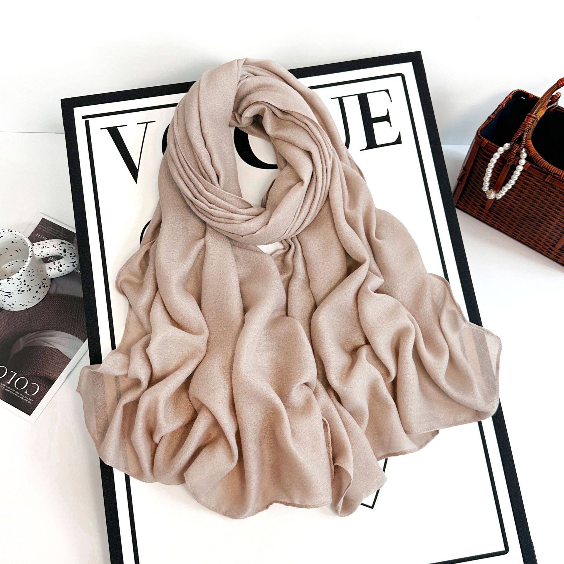 Sciarpa lunga da donna in cotone e canapa 2023 autunno/inverno tinta unita monocromatica multicolore_voghion.com