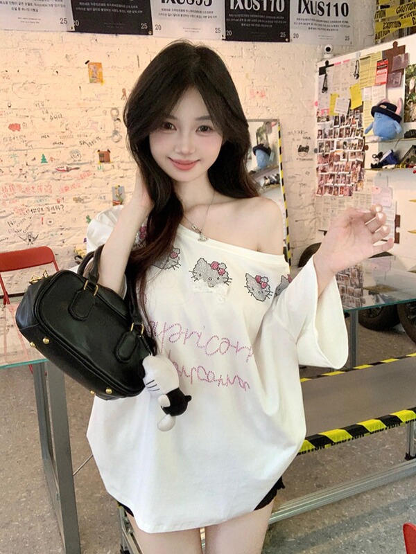 Thebestxue ルーススタイルオフショルダーホットダイヤモンドキティヘッドホワイト半袖 Tシャツレディースサマーオフショルダートップ|undefined