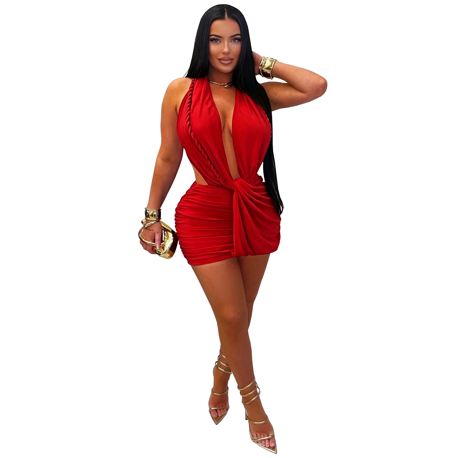 C7771 transfronterizo 2026 nueva ropa de mujer sexy profunda V cuello colgante bolsa de cadera vestido corto de cabina caliente vestido de color sólido image 9