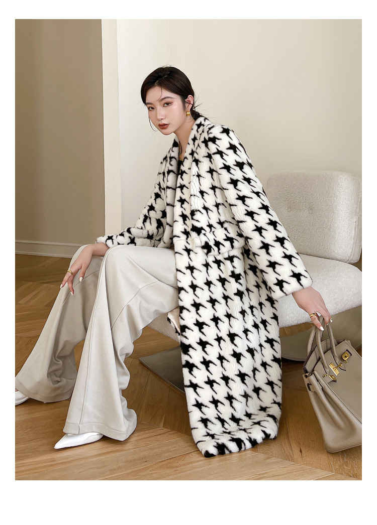 Women's Houndstooth Faux Mink Fur Coat V-neck Velvet Long Parka