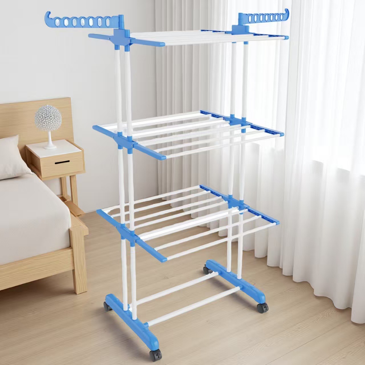 Rack de secado de ropa plegable móvil de piso de tres capas Rack de toallas Rack de acabado Rack de secado de ropa de balcón Rack de almacenamiento de tres capas