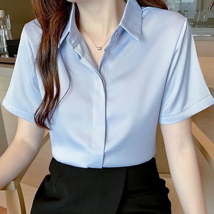 免烫抗皱防皱白色短袖衬衫女正式大学生工作服薄款打底衬衣|undefined