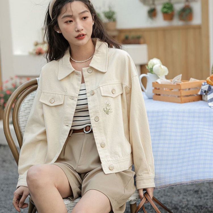 小香风牛仔外套女2025春装新款纯色文艺长袖上衣复古刺绣工装夹克|undefined