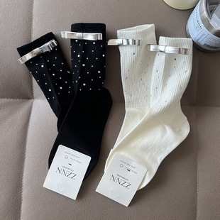 Full Diamond Double-sided Hot Drilling Leather Bow Heavy Industry Rhinestone high quality Cotton Socks Women's Fashionable Socks Decorative Socks Light Luxury European Goods