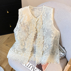 # 新しい中国風の刺繍入りベスト、中国風のレースビーズベスト、女性用ショートコート、白