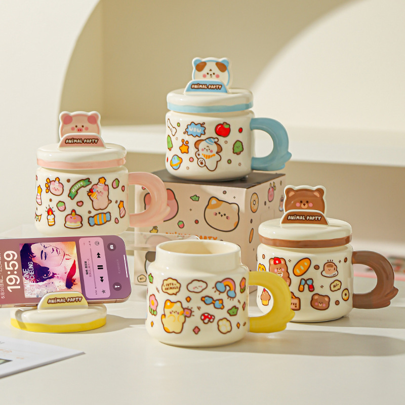 Linda caricatura linda mascota graffiti taza de animales oficina taza de agua de alto valor soporte para teléfono móvil taza de cerámica para estudiantes